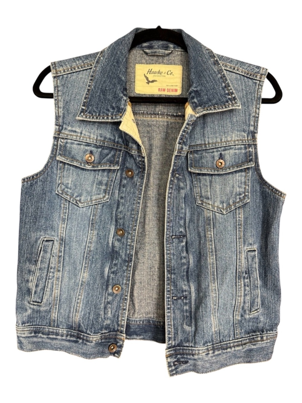 Hawke & Co Raw Denim Vest Medium Wash Button Up Trucker Jean Jacket Sleeveless